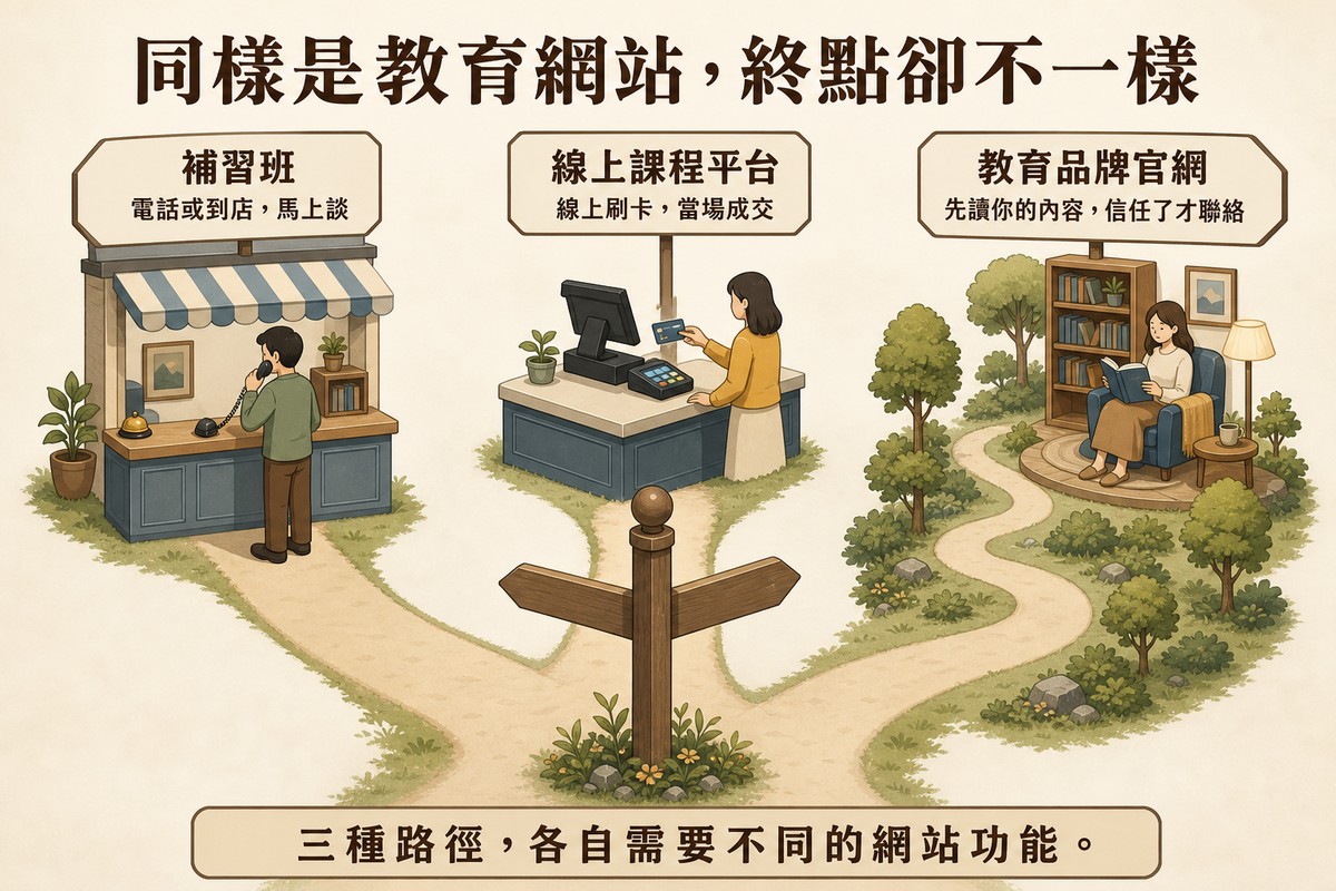 一個岔路口指標牌，三條小路分別通往：左邊小攤位有人講電話代表補習班電話諮詢，中間收銀台有人刷卡代表線上課程平台線上成交，右邊有人坐在讀書角落看書代表教育品牌官網先建立信任再聯絡