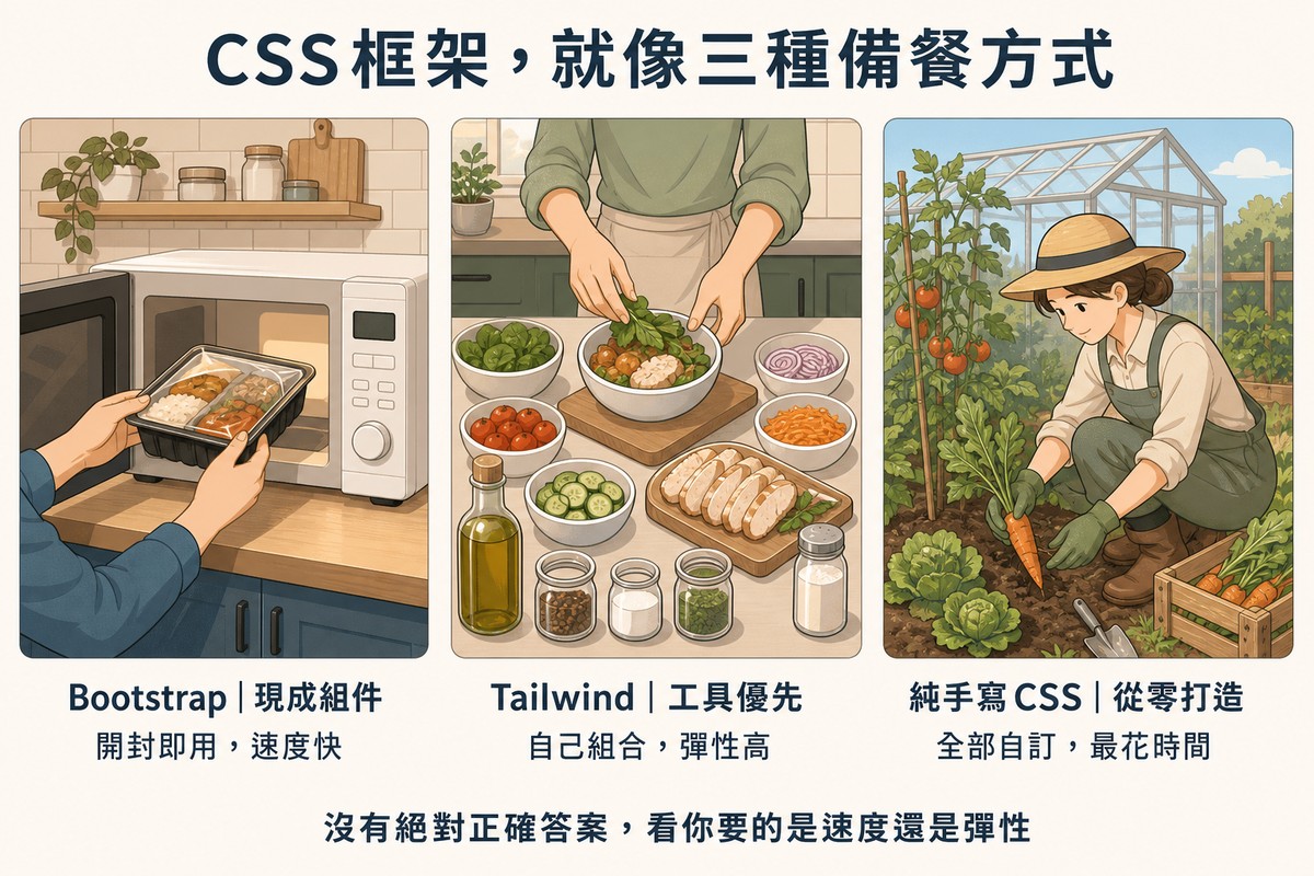 三格並排插畫比喻CSS框架選擇：左格微波爐加熱即食調理包代表Bootstrap現成組件、中格雙手自由搭配生鮮食材代表Tailwind工具優先、右格溫室菜園現摘蔬菜代表純手寫CSS從零打造，底部標註沒有絕對正確答案要看速度或彈性