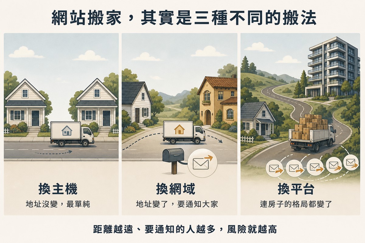 三格插圖：換主機是短距離搬家、換網域要通知轉寄、換平台距離最遠箱子最多