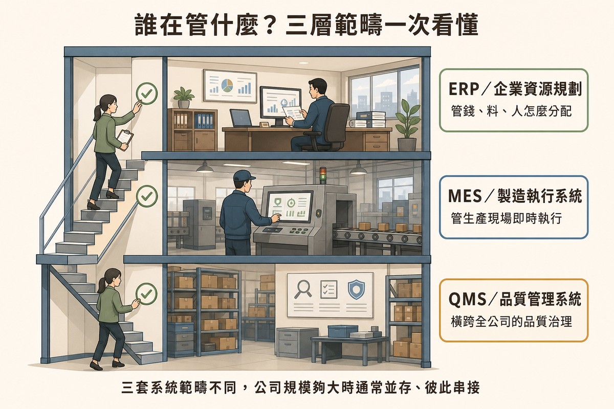 三層樓房剖面圖，頂樓主管看報表代表ERP，中間樓層工人操作機台代表MES，底層倉儲區稽核人員沿樓梯巡查每層蓋上核可章代表QMS橫跨全公司
