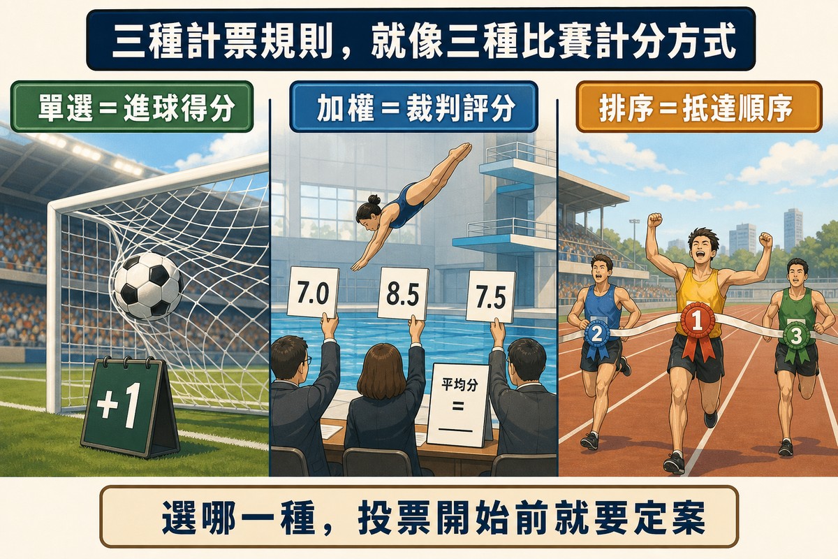 三聯式插圖，左至右分別畫足球進球得一分代表單選、跳水裁判舉分數牌代表加權評分、賽跑終點線依名次頒獎帶代表排序投票