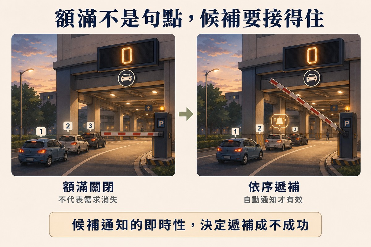 解說圖：停車場道閘場景，左格額滿關閉三輛車依序排隊，右格道閘為排頭車輛升起並亮起通知鈴鐺圖示