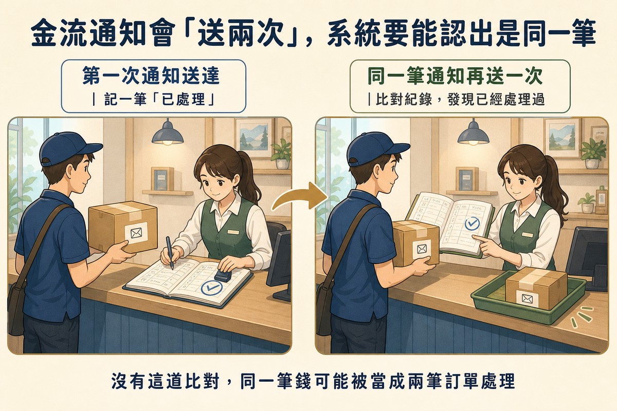 兩格連續畫面，左邊快遞員將包裹交給櫃檯人員，人員在登記本上寫下並蓋章記錄已處理，右邊同一位快遞員再次送來一模一樣的包裹，櫃檯人員翻開登記本比對發現已有紀錄，把重複包裹放進待查托盤而不重複處理，比喻金流通知重複送達時系統要辨識並避免重複扣款