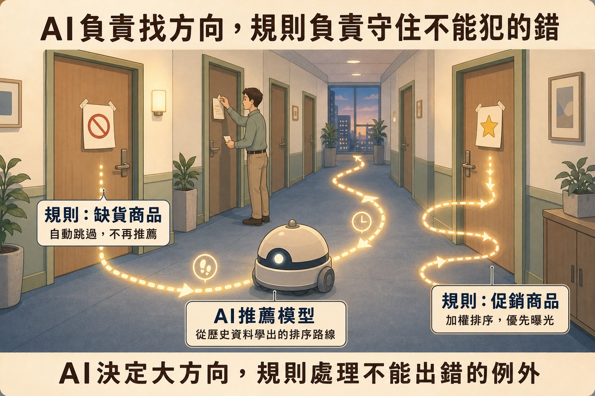 辦公走廊插畫圖解:一台圓形巡邏機器人沿發光虛線路徑前進,路徑繞過貼著禁止符號紙條的門(缺貨商品自動跳過),並彎向貼著星星符號紙條的門(促銷商品優先曝光),一名員工正在門上貼紙條