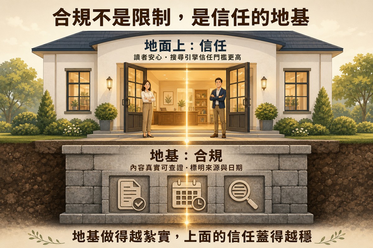 建築物剖面圖，地下地基標示「地基：合規／內容真實可查證・標明來源與日期」；地面上是明亮開放大門的建築，標示「地面上：信任／讀者安心・搜尋引擎信任門檻更高」，底部收斂句「地基做得越紮實，上面的信任蓋得越穩」