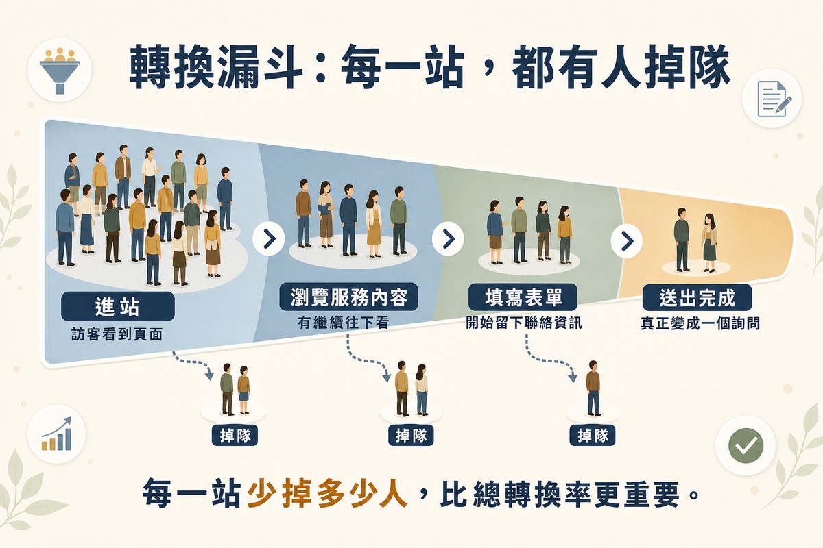 轉換漏斗示意圖：一群訪客人形圖示分四站由左至右逐漸變少，分別標示進站、瀏覽服務內容、填寫表單、送出完成，每一站之間都有部分人形往下偏移標示掉隊