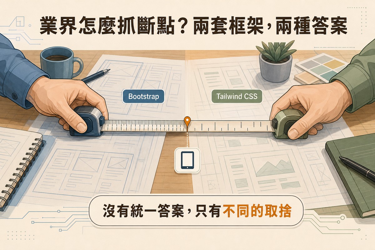 兩隻手在桌上各拉開一把捲尺比對，左邊標示Bootstrap、右邊標示Tailwind CSS，中間有一個共同對齊的橘色標記與平板圖示，背景是版面設計草圖