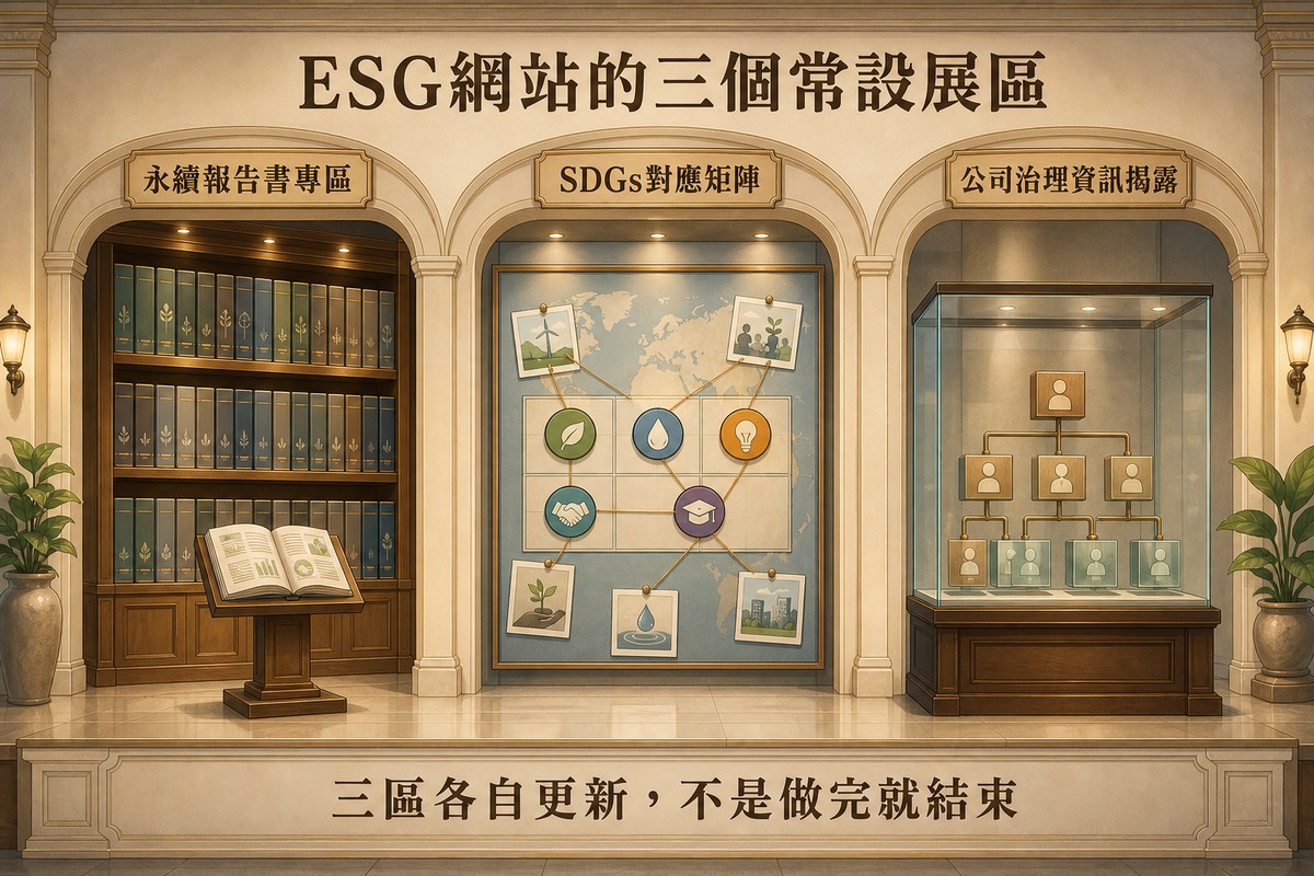 博物館走廊三個展區，左側木質書架陳列歷年永續報告書，中間牆面SDGs圖示矩陣以牽線連到行動照片卡，右側玻璃展示櫃內是公司治理組織圖模型