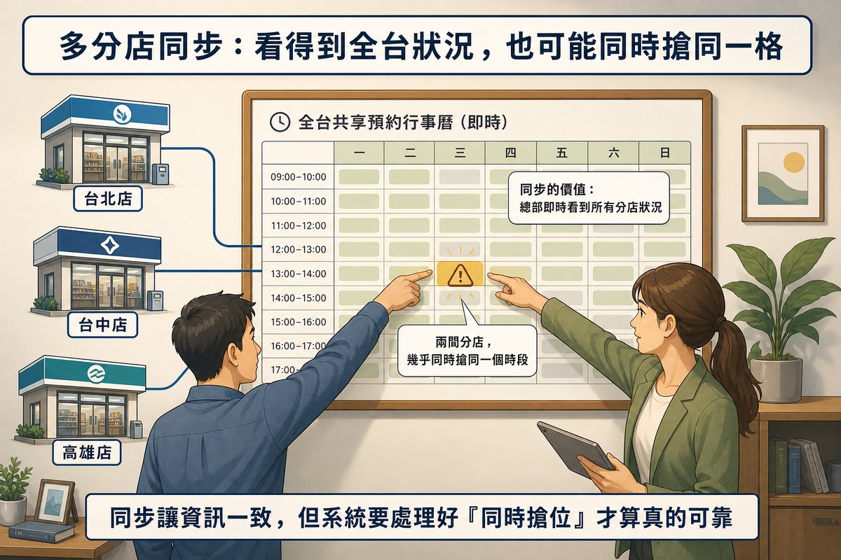 台北店、台中店、高雄店連線到中央共享預約行事曆看板，其中一格時段被標成警示，兩位人員正在討論