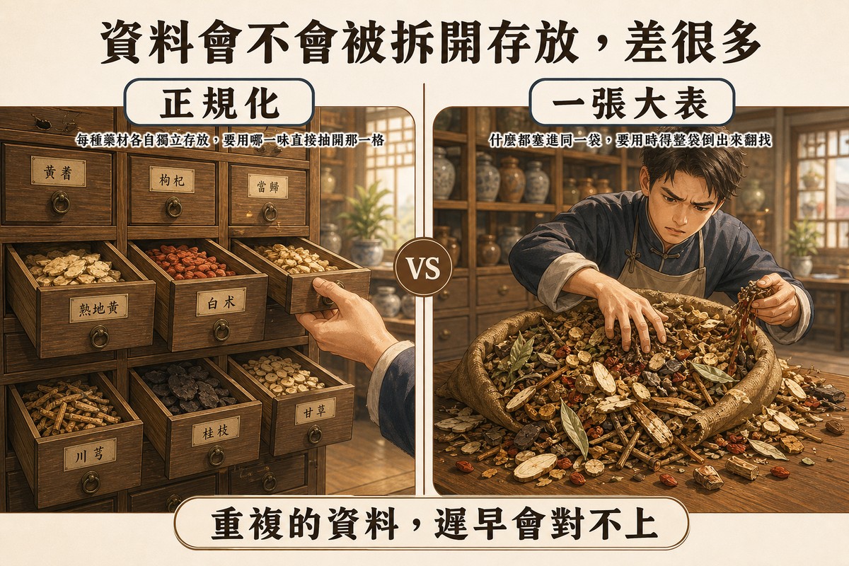 左右對照畫面，左側百子櫃多格抽屜各自獨立存放不同藥材並貼有標籤，右側一個大布袋將所有藥材混雜堆放在一起