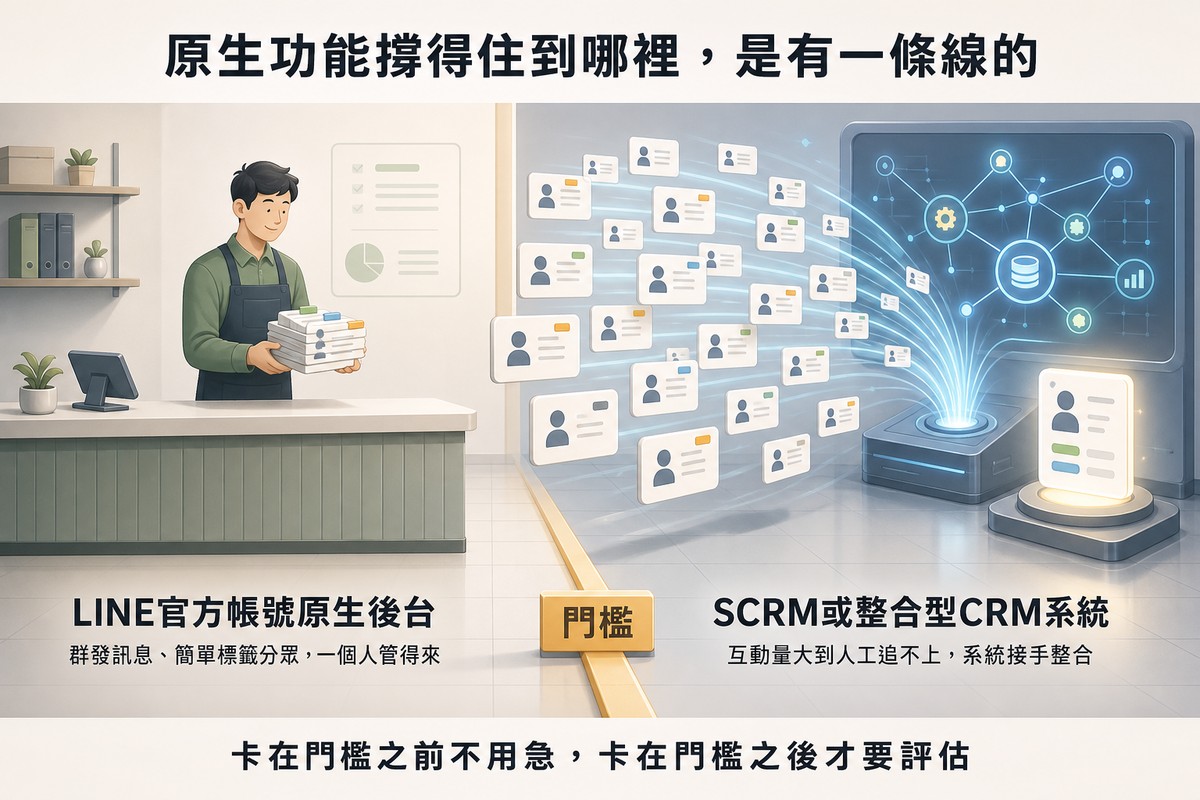 一條門檻分隔的場景，左側一位店員從容地拿著一疊訊息卡片代表LINE官方帳號原生後台一個人管得來，右側大量客戶資料卡片湧向一個發光的連結網路系統代表互動量大到人工追不上由系統接手整合，底部文字寫著卡在門檻之前不用急卡在門檻之後才要評估