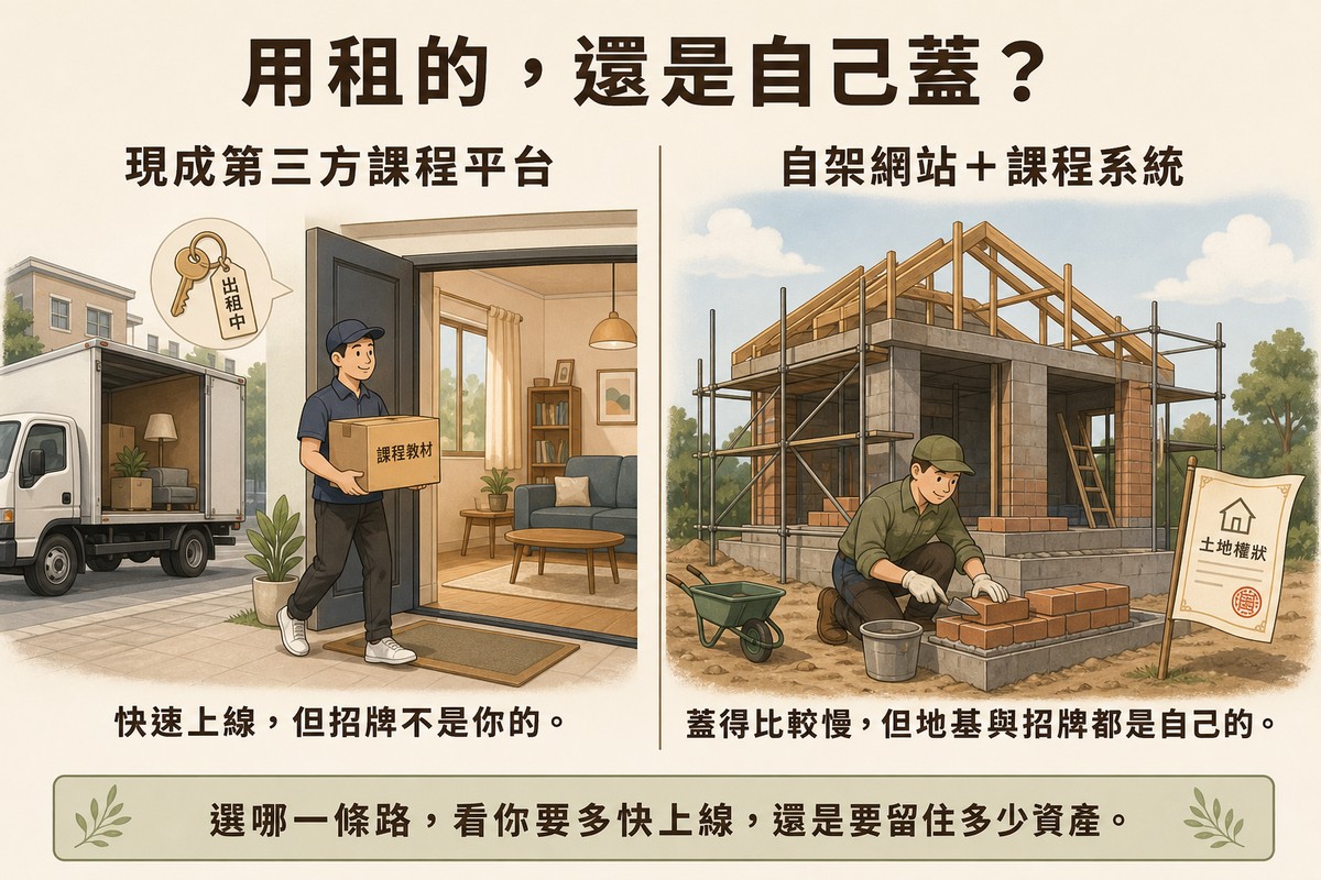 左右並排對比圖，左側是搬家工人搬著紙箱走進已經佈置好家具的出租公寓，標籤寫『現成第三方課程平台』；右側是工人正在鋪磚蓋自己的房子、旁邊立著土地權狀，標籤寫『自架網站＋課程系統』