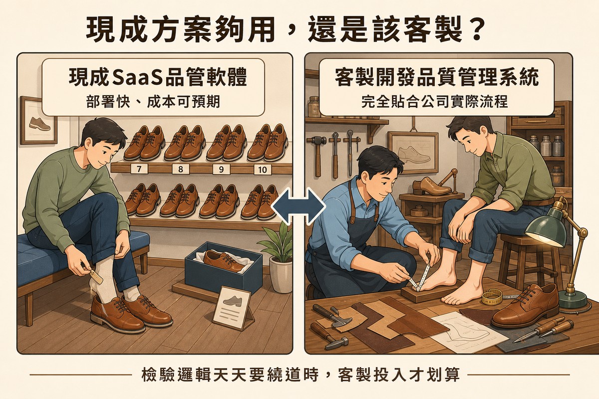 左右對照圖，左側顧客在現成鞋店試穿貨架上尺寸固定的鞋款代表現成SaaS品管軟體，右側鞋匠正為顧客的腳量身打版製鞋代表客製開發品質管理系統