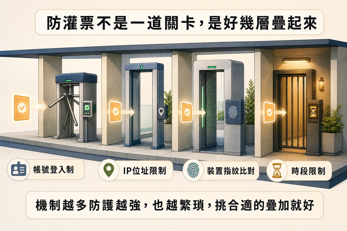 建築剖面圖畫出四道連續關卡，帳號登入閘門、IP位址限制門、裝置指紋辨識門、時段限制門，一張投票卡依序通過每一道關卡