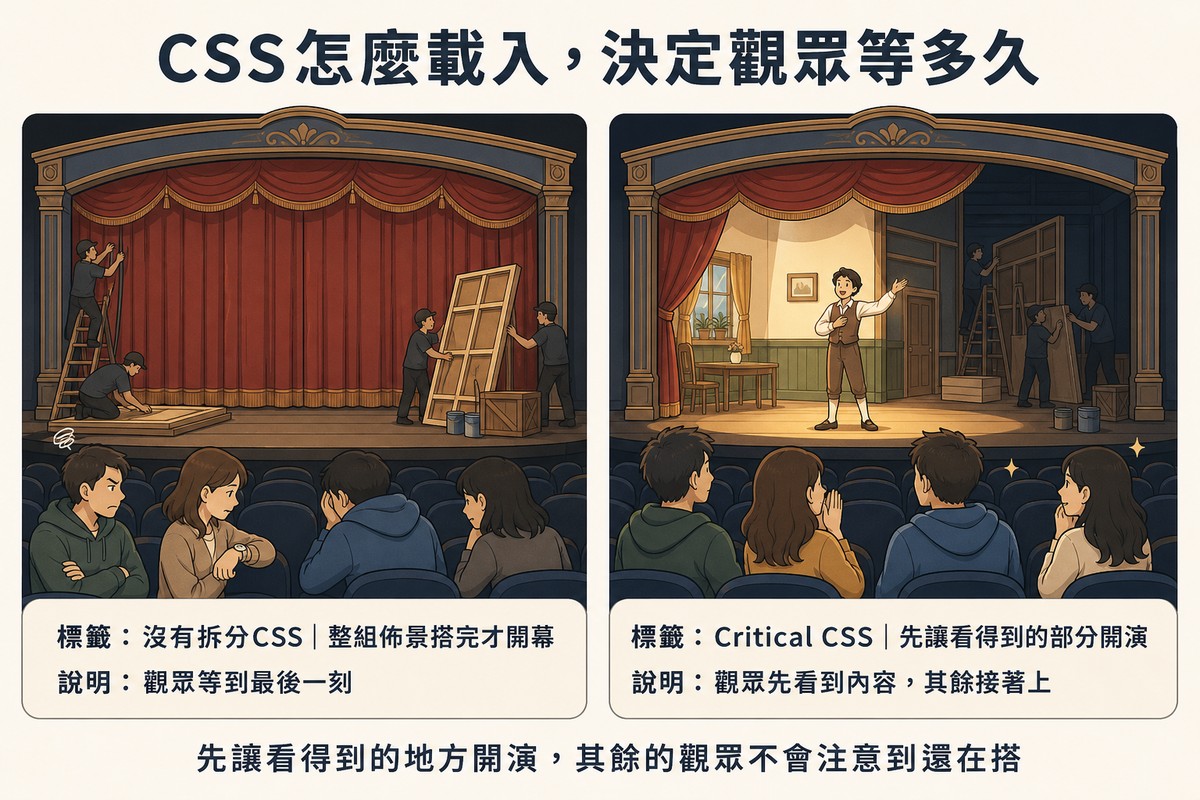 左右對照舞台劇插畫比喻CSS載入方式：左格布幕緊閉、工作人員仍在搭建佈景、觀眾不耐等待，代表沒有拆分CSS整組佈景搭完才開幕；右格舞台前緣已開演、演員登場、觀眾放鬆專注，後方工作人員仍在搭建不被注意，代表Critical CSS先讓看得到的部分開演