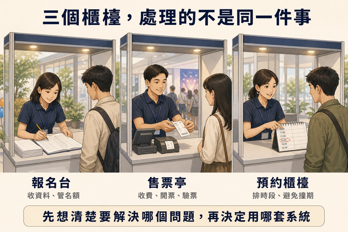 解說圖：三格並排服務櫃檯，左格報名台核對名冊、中格售票亭遞出票券、右格預約櫃檯指向桌曆時段