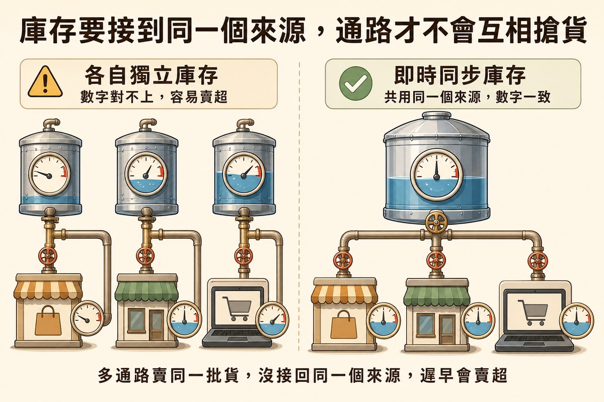 左右對照圖，左邊三個各自獨立的水塔，水位刻度各不相同，分別供應商店、門市與網站三個通路，比喻各自獨立庫存數字對不上容易賣超；右邊一個共用水塔透過管線同時供應三個通路，水位刻度一致，比喻即時同步的庫存來源