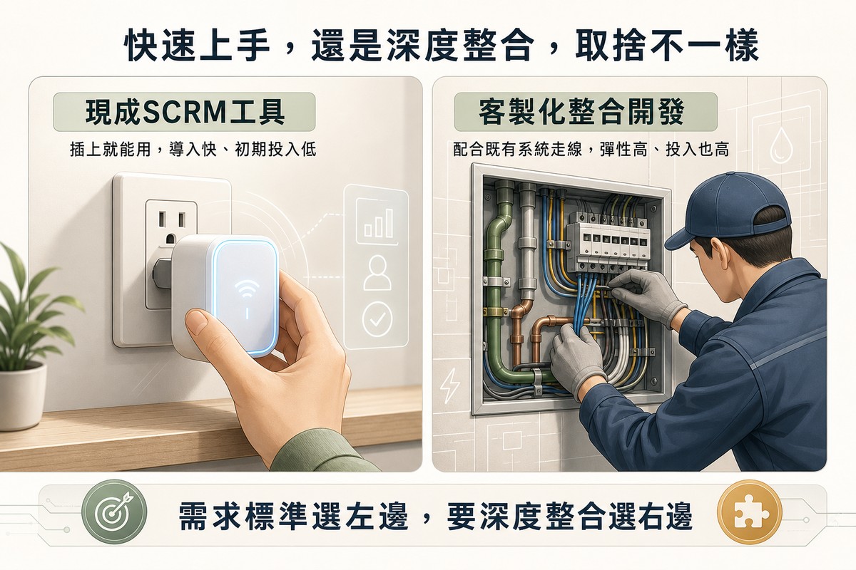 左右對照圖，左側一隻手把智慧插座插進牆上插座立刻亮燈代表現成SCRM工具插上就能用導入快初期投入低，右側一位技師打開牆面配電箱仔細接上符合既有管線走向的線路代表客製化整合開發配合既有系統走線彈性高投入也高，底部文字寫著需求標準選左邊要深度整合選右邊