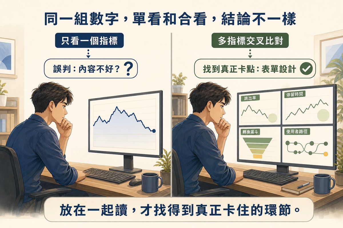 左右對照圖：左側同一位分析師只看一張折線圖，得出誤判內容不好的問號結論；右側同一位分析師同時看跳出率、停留時間、轉換漏斗、使用者路徑四個面板，得出找到真正卡點是表單設計的勾選結論
