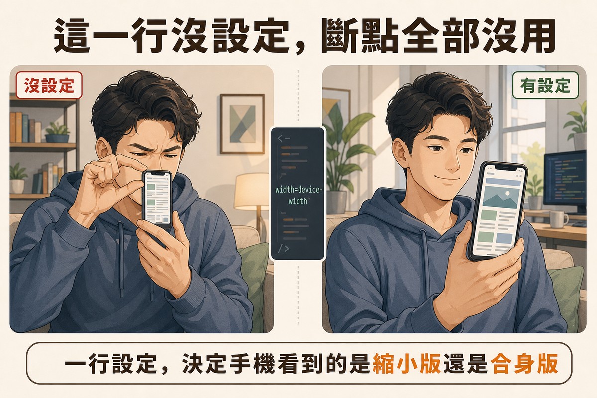左右對照兩張圖，左邊男子瞇眼用兩指放大手機螢幕上縮小模糊的網頁畫面，右邊同一人輕鬆看著合身顯示的網頁畫面，中間夾一張寫著width equals device width的程式碼卡片