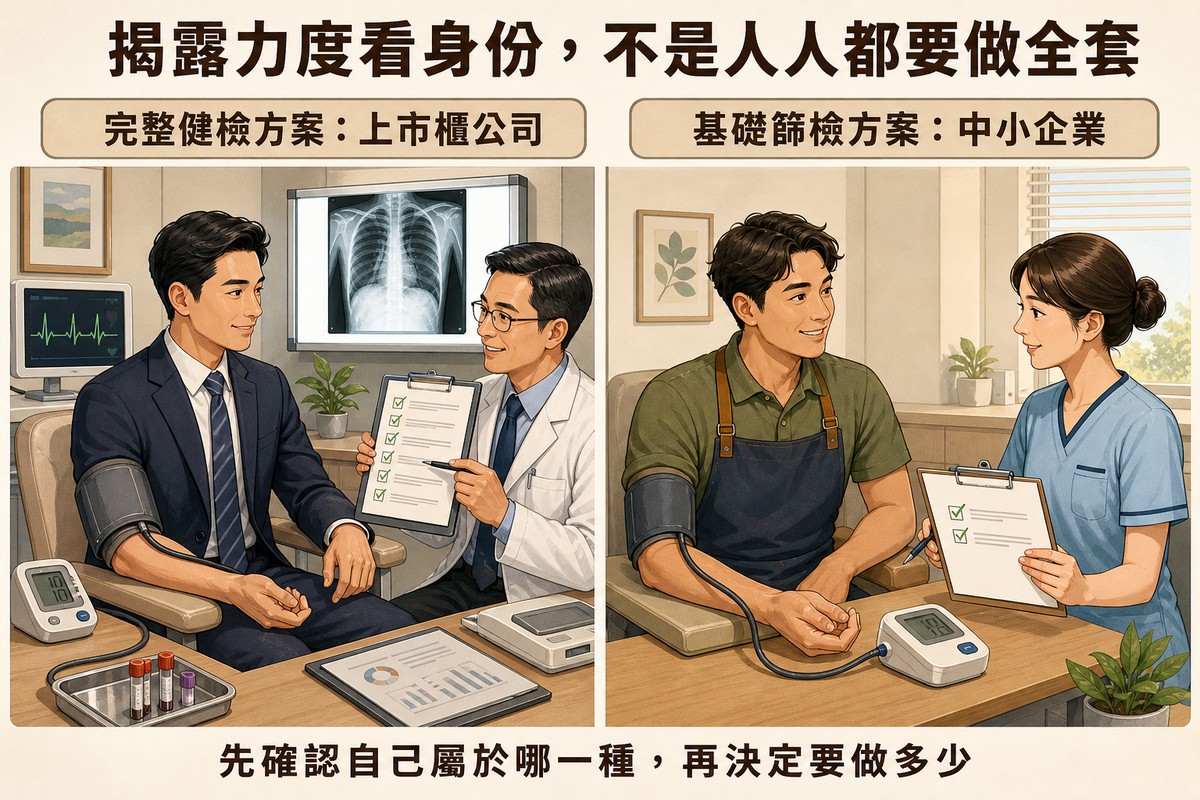 左側西裝男性接受完整健檢，含X光片、抽血檢體與心電圖及多項勾選清單，右側工作服男性接受基礎篩檢，僅量血壓與簡短問卷