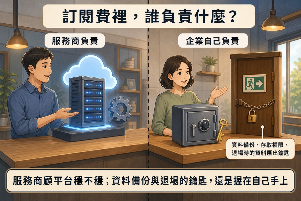 櫃檯場景以虛線分隔，左側服務商負責雲端伺服器，右側企業自己負責保險箱與上鎖的出口門，代表資料備份與退場鑰匙