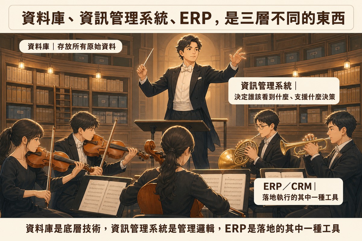 音樂會場景分三層，背景樂譜檔案架標示資料庫，中間指揮台標示資訊管理系統，前景樂手演奏標示ERP CRM