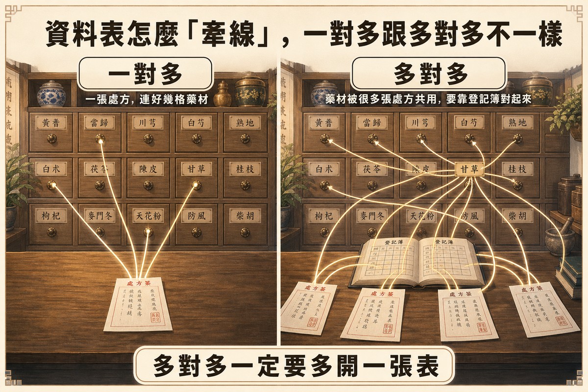左右對照畫面，左側一張處方箋以細線連到好幾格藥材抽屜示意一對多關聯，右側多張處方箋透過中間的登記簿交錯連到共用的藥材抽屜示意多對多關聯