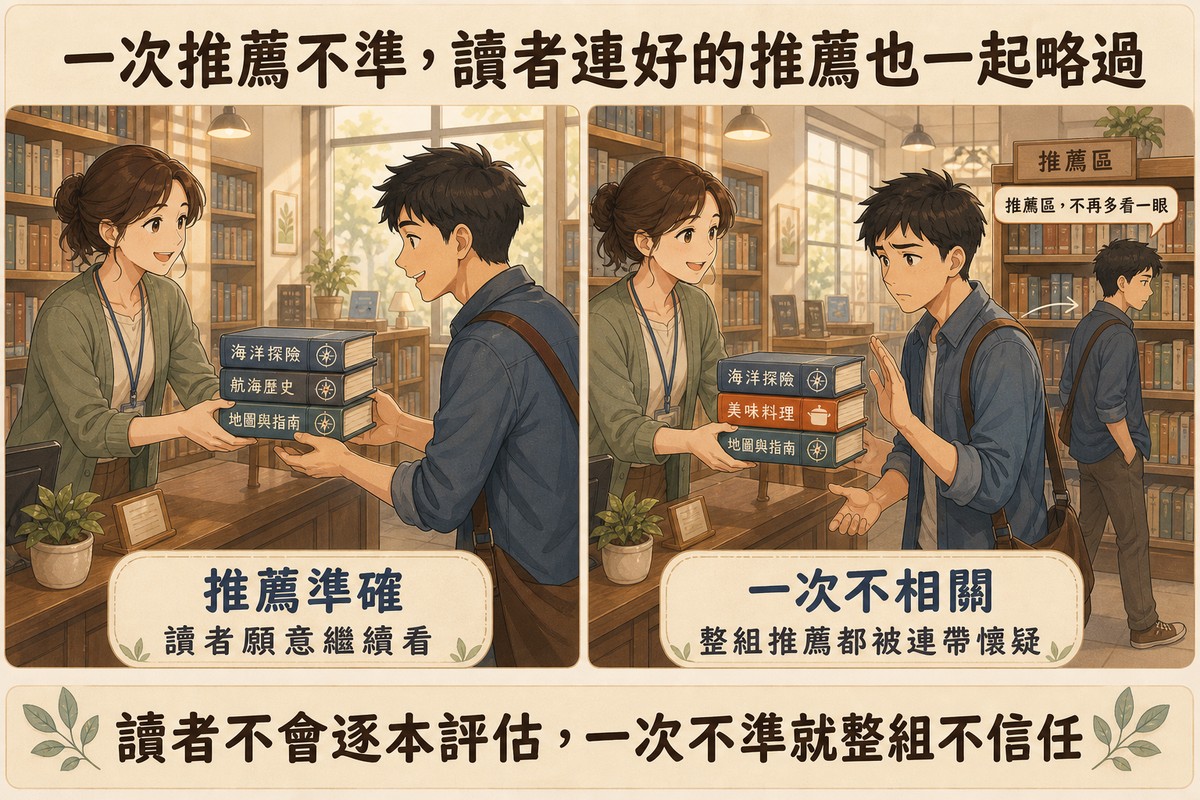 圖書館雙格對照插畫:左格館員遞出三本同系列書籍給讀者、讀者微笑接受;右格書堆中混入一本明顯不同類型的書,讀者皺眉伸手推拒,背景另一位讀者經過推薦區書架卻不再張望