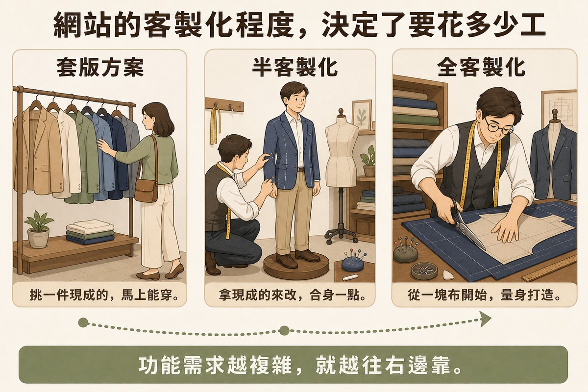 三格漸進圖，第一格顧客在成衣架挑選現成西裝標示『套版方案』；第二格裁縫師替顧客修改現成西裝標示『半客製化』；第三格裁縫師在裁布桌上剪裁新布料標示『全客製化』，三格之間有虛線箭頭連接