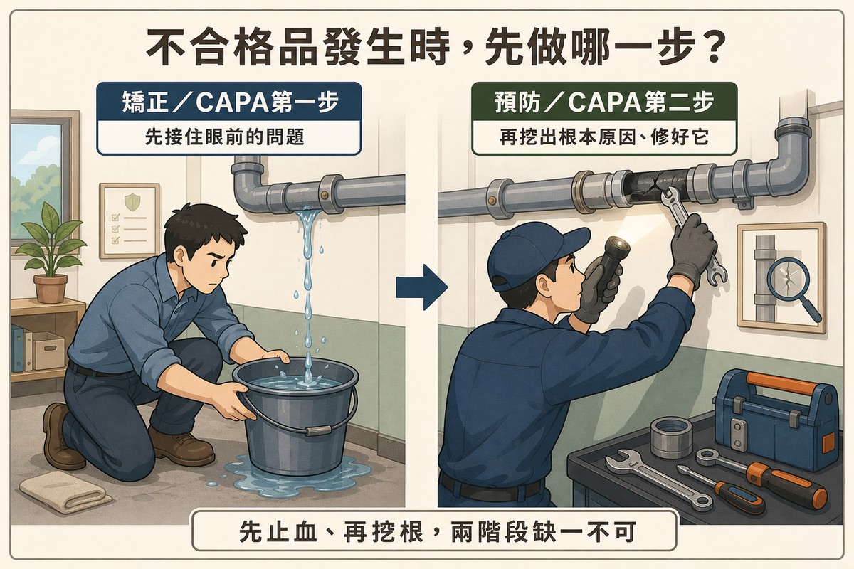 左右對照圖，左側一人跪地用水桶接住牆上漏水的管線代表CAPA矯正第一步，右側維修人員拿手電筒與扳手沿管線往上追查並修好破損段代表CAPA預防第二步