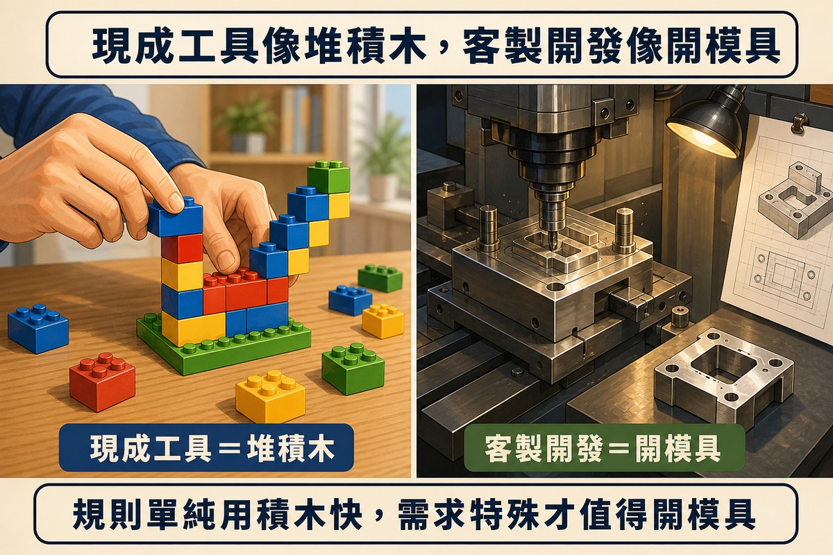 左右對照插圖，左側一雙手正在組裝彩色積木代表現成工具，右側精密開模機具正在加工金屬零件代表客製開發