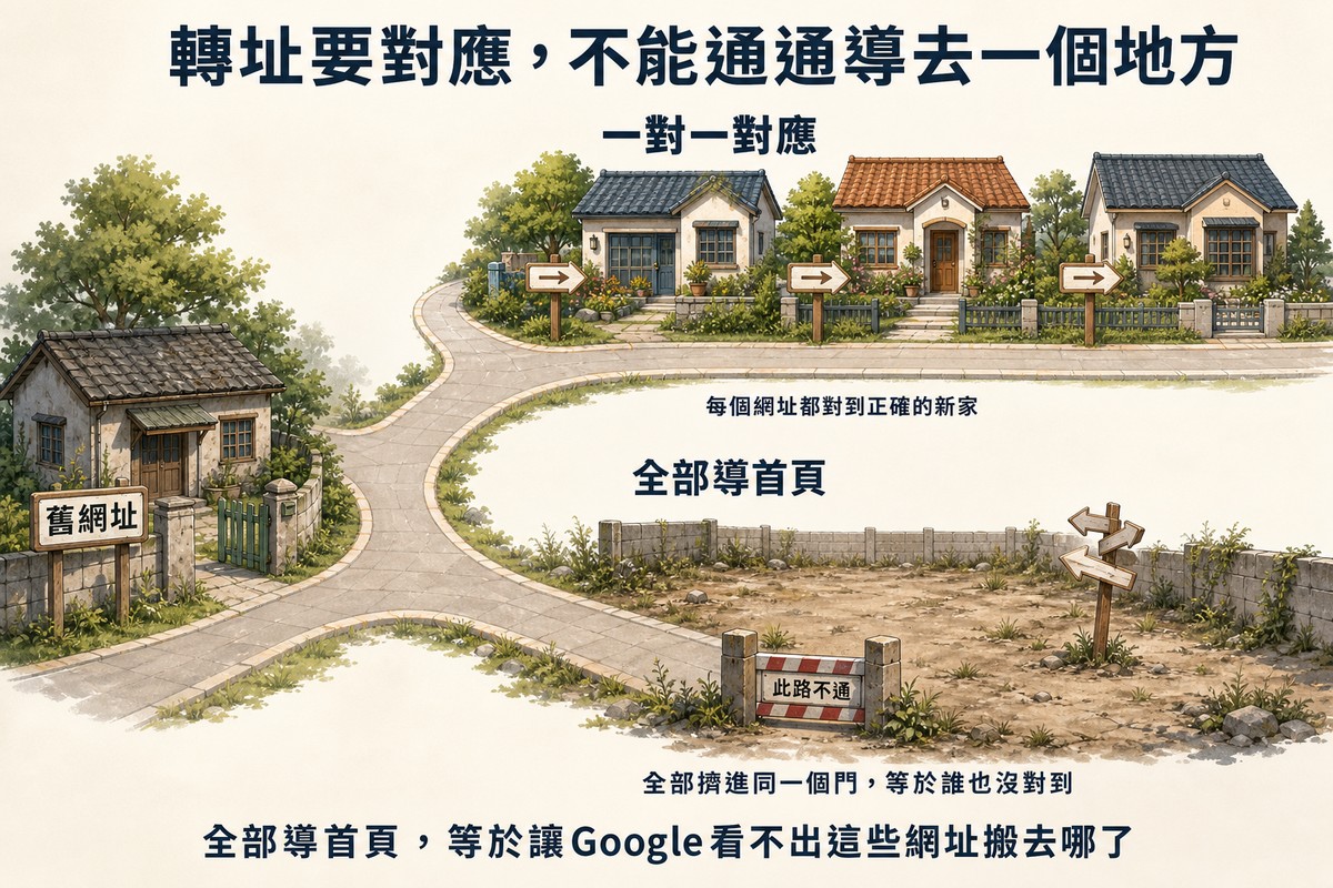 插圖分成兩條路徑，一對一對應通往三棟對應的新房子，全部導首頁通往此路不通的空地