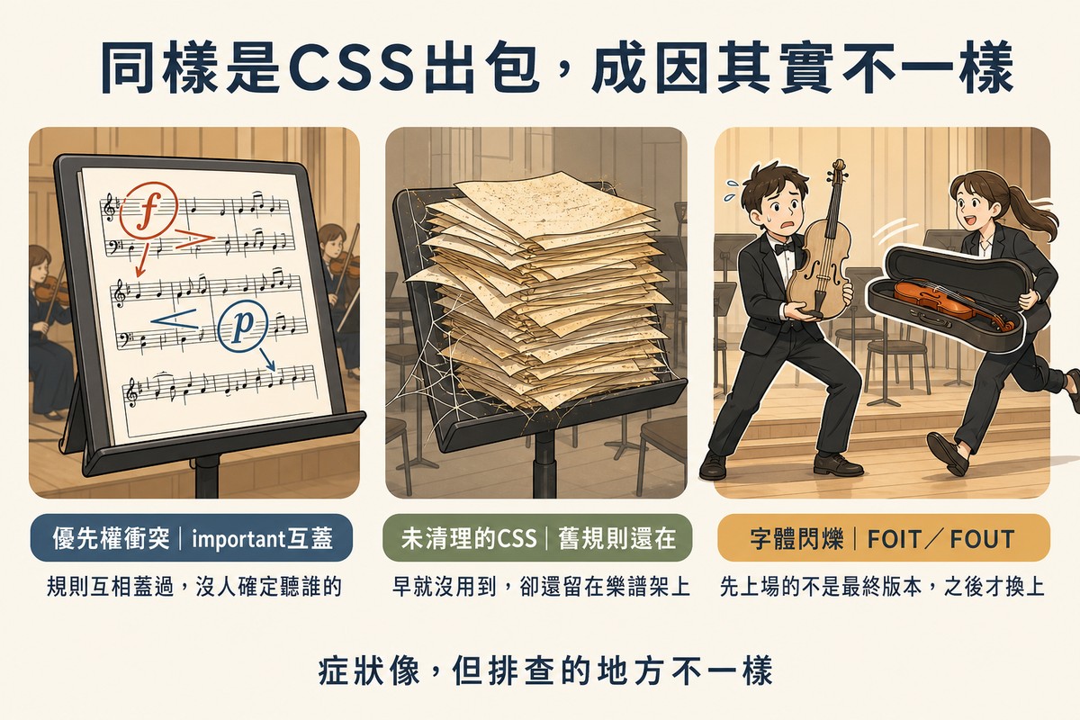 三格插畫比喻CSS常見問題成因，用交響樂團排練場景呈現：左格樂譜上forte與piano兩種指示互相覆蓋代表CSS優先權important互蓋衝突、中格樂譜架上堆滿泛黃蒙塵的舊樂譜代表未清理的CSS舊規則殘留、右格一位樂手拿著替代小提琴另一人抱著正式琴盒趕來代表字體閃爍FOIT與FOUT，底部標註症狀像但排查的地方不一樣
