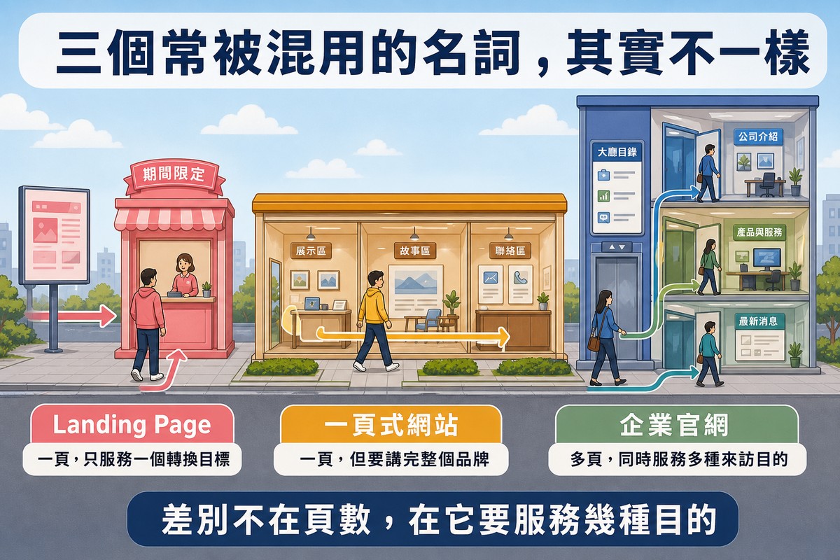 三棟建築並排插圖：期間限定的小攤位只有一個櫃台、長型單層空間分成展示故事聯絡三區、多層樓建築有大廳目錄與電梯讓三位訪客各自去不同樓層
