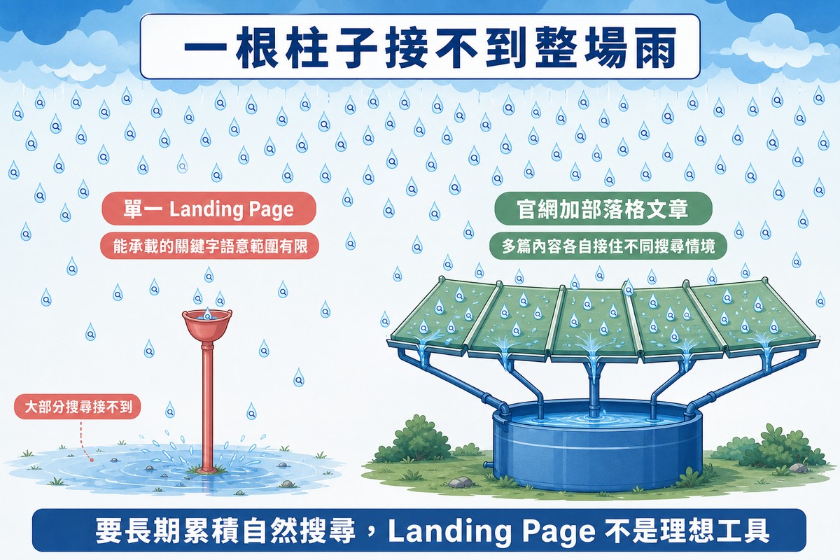 接雨插圖：滿天含放大鏡圖示的雨滴代表各種搜尋，左邊單一柱子上的小杯只接到少數雨滴其餘落成水窪，右邊多片屋頂面板接住大量雨滴匯入水槽