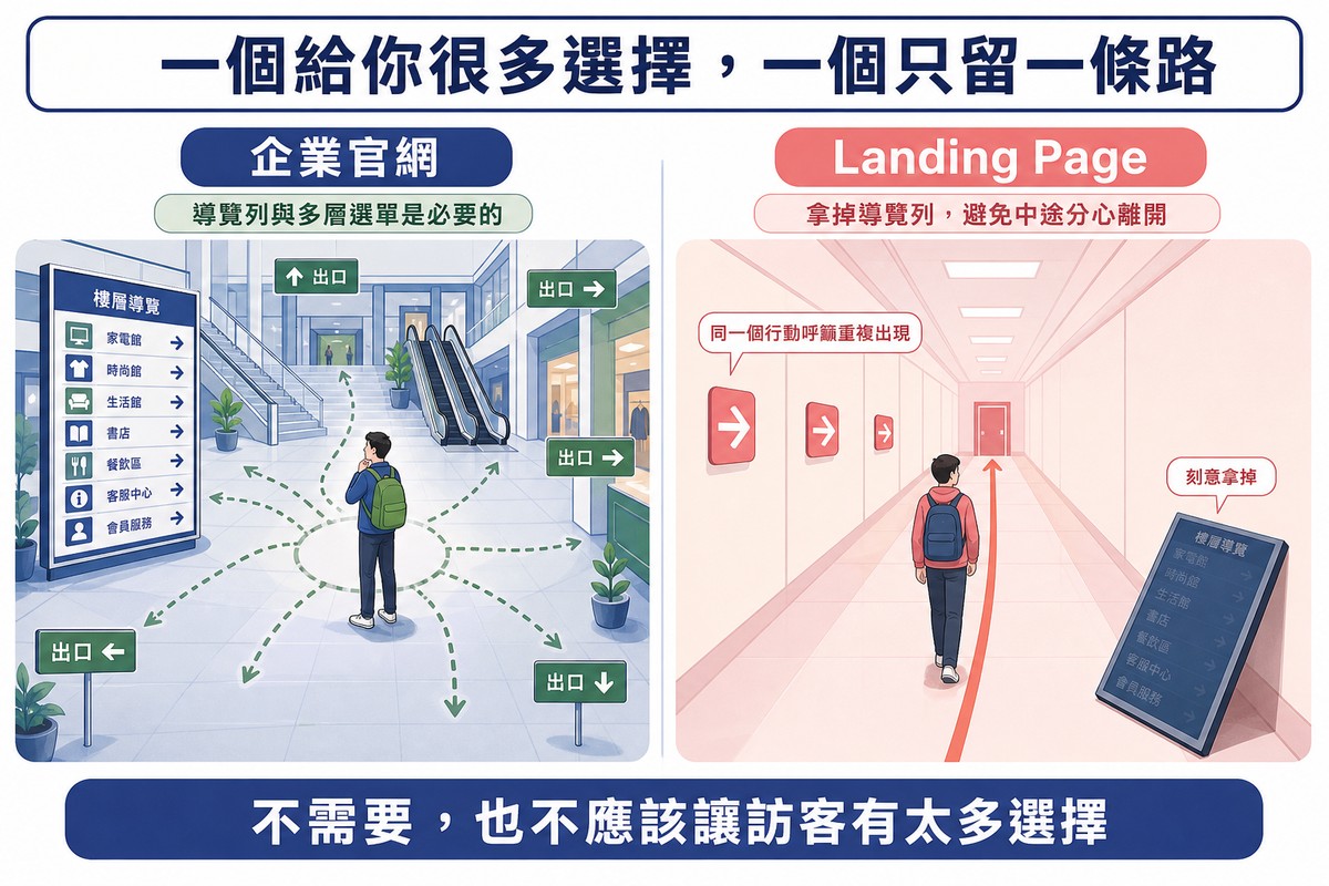 左右對照插圖：左邊百貨大廳有樓層導覽板電扶梯與多個出口指示且訪客路徑放射到各方向，右邊一條無側門的走廊只有三個相同箭頭指向盡頭單一扇門，導覽板被拿下靠牆