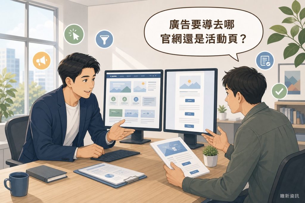 插畫：顧問在兩台螢幕之間講解，左螢幕是有導覽列的多區塊官網、右螢幕是沒有導覽列且按鈕重複出現的單頁，業主拿著印出的頁面發問，讀者提問氣泡寫著廣告要導去哪官網還是活動頁