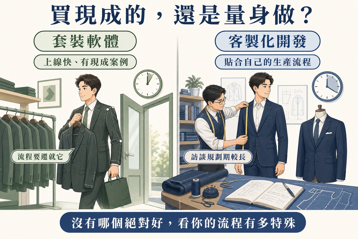 左右對照插圖:左邊從西裝架上拿現成西裝直接走,右邊裁縫量身訂做並攤開布料與紙型