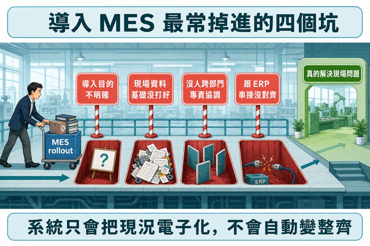 工廠通道插圖:專案負責人推著導入推車前進,路上四個坑分別放著空白告示牌、雜亂紙本資料、各自朝外的部門門、接不上的電纜