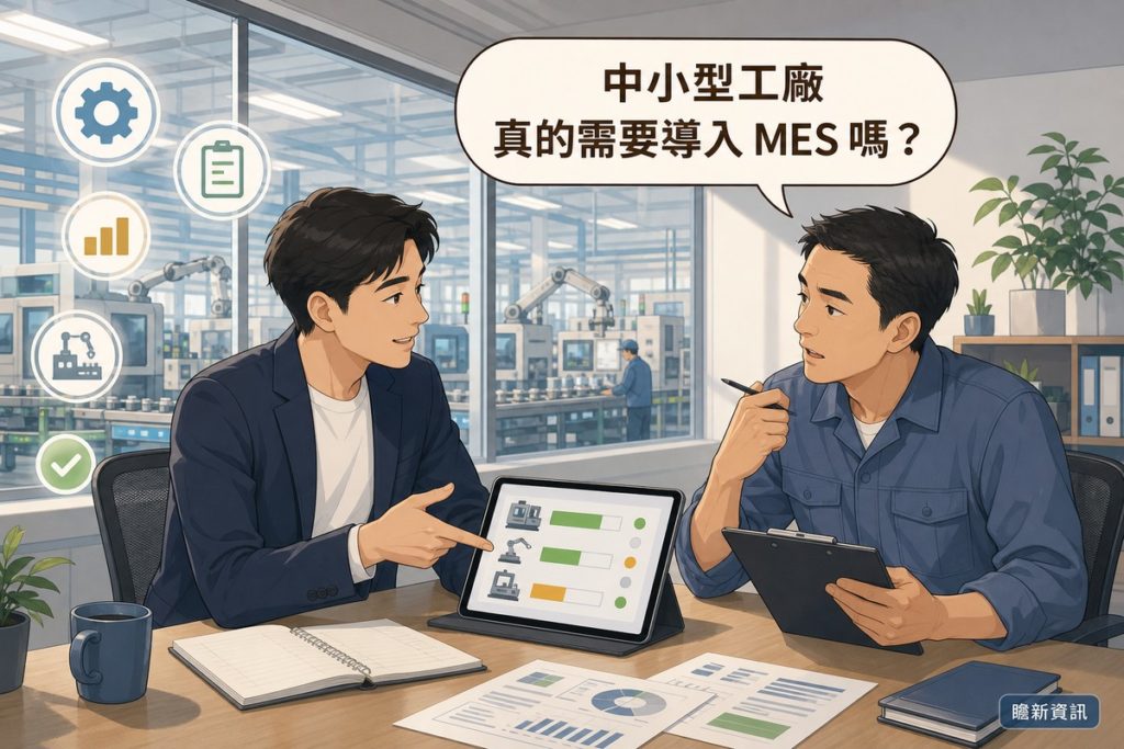 插畫：顧問向工廠業主說明平板上的生產監控畫面，讀者提問氣泡寫著中小型工廠真的需要導入MES嗎