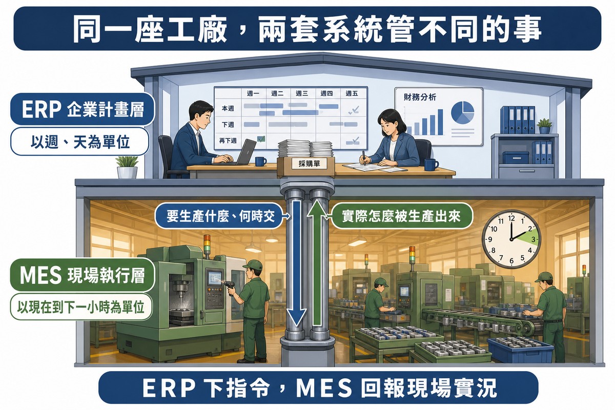 工廠兩層樓剖面插圖:上層辦公室有週曆與採購單財務分析,下層生產現場有機台與工單,中間管道有向下與向上兩個箭頭