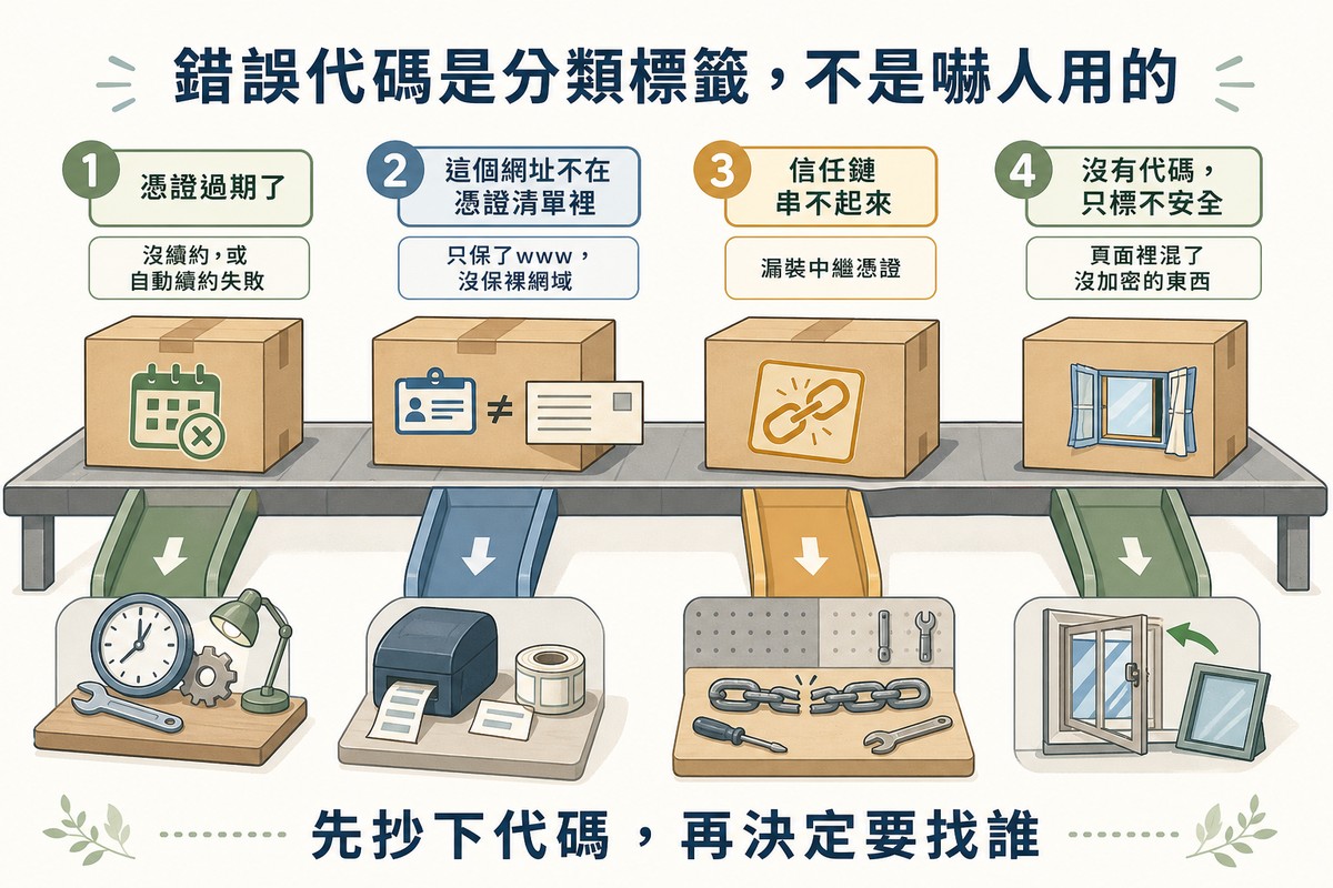 四個包裹分別蓋上過期、姓名不符、鏈條斷裂與窗戶未關的退件標籤,各自進入不同的處理通道