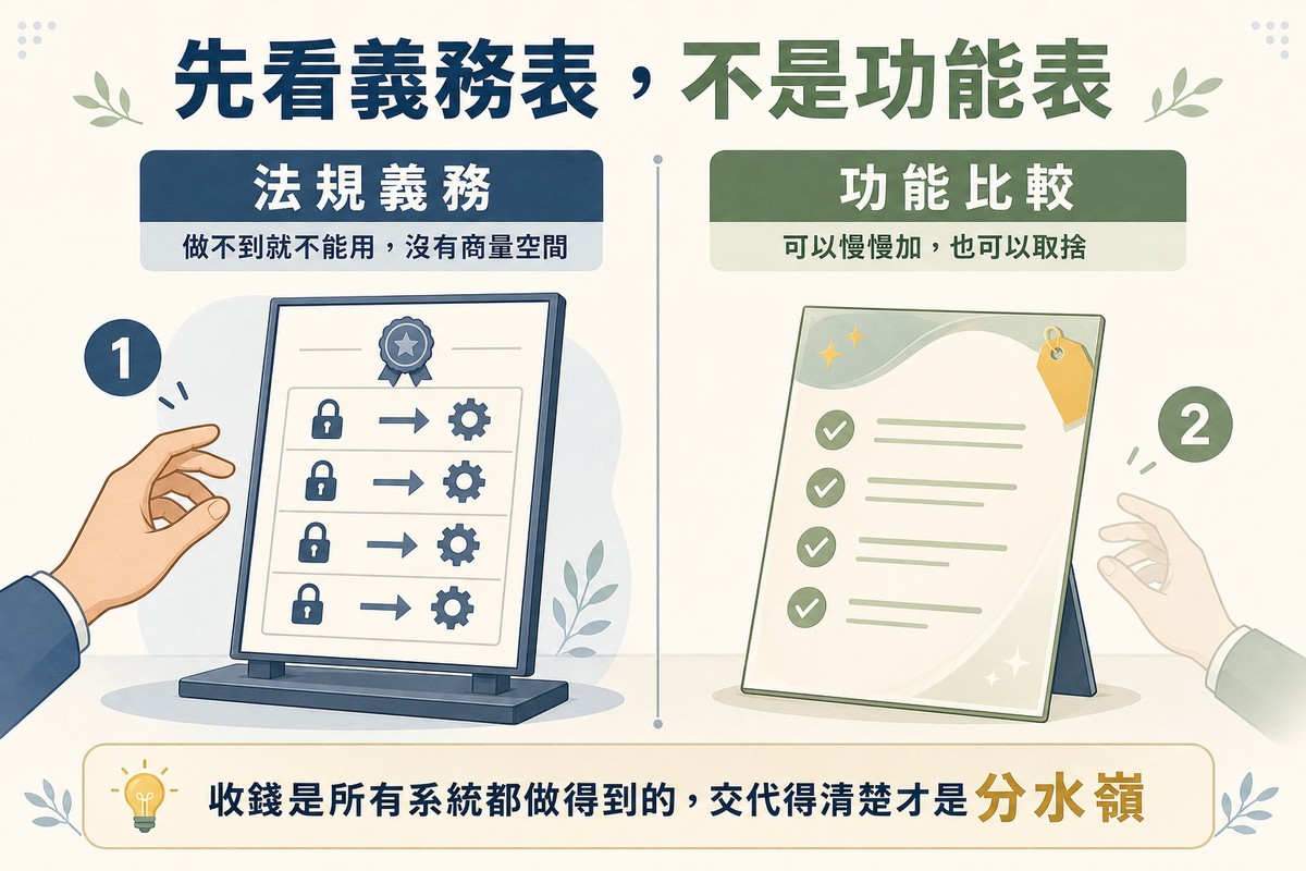 左邊是蓋印信的法規義務文件並以鎖頭與箭頭連向系統需求,右邊是帶裝飾星星與價格標的光鮮功能比較表