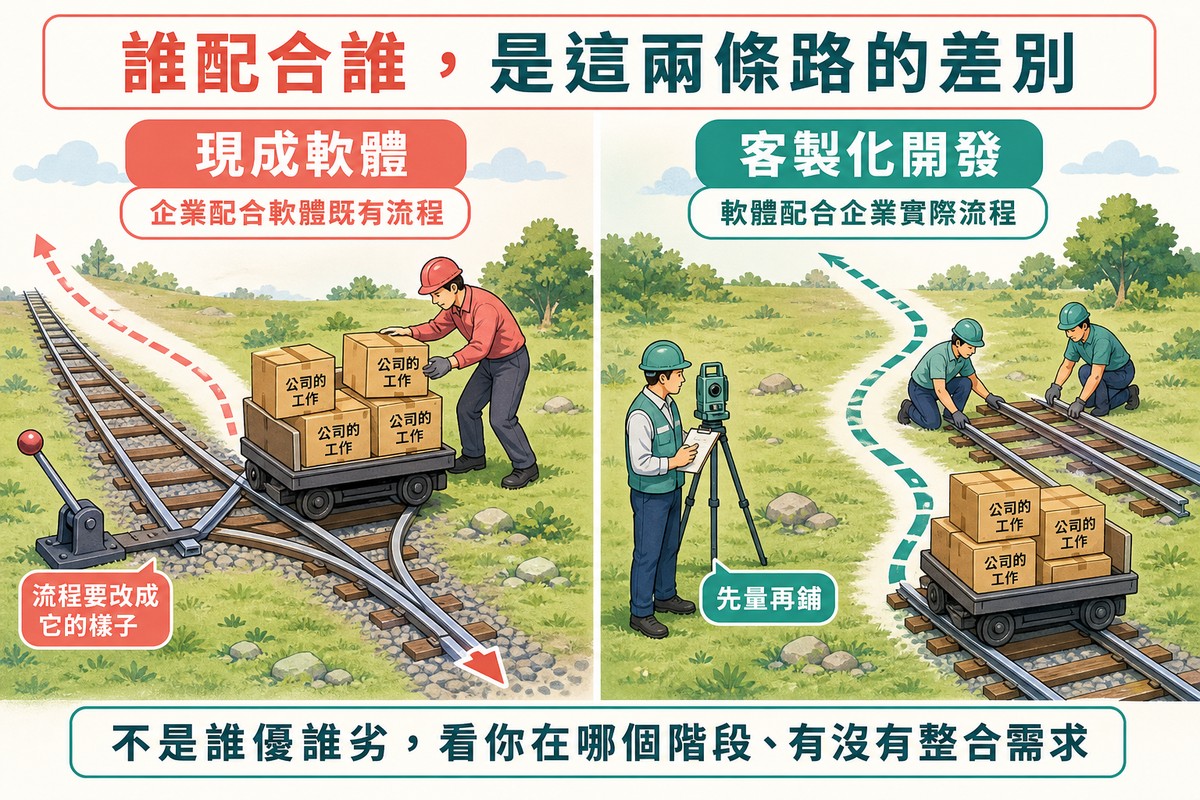 軌道對照插圖:左邊既有軌道用扳道器把台車從原本方向強制轉向,工人調整箱子;右邊測量員先測出台車實際路線,兩名工人依此鋪設新軌