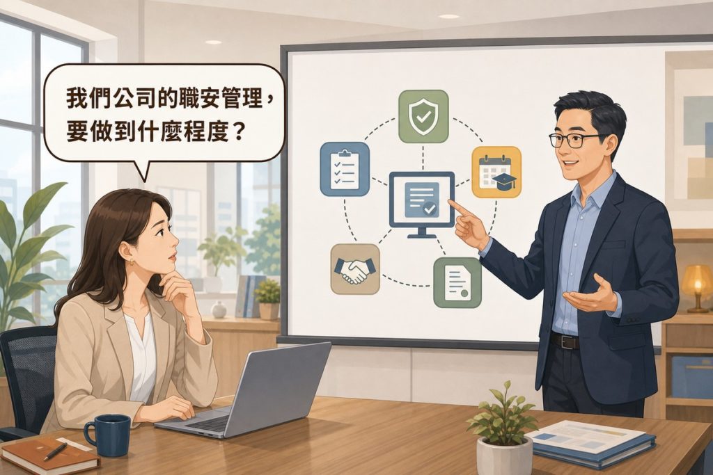 插畫：女性客戶坐在辦公桌前使用筆電，向站立的男性顧問提問「我們公司的職安管理，要做到什麼程度？」，顧問指向白板上五個代表危害辨識、安全、教育訓練、承攬管理、紀錄的圖示