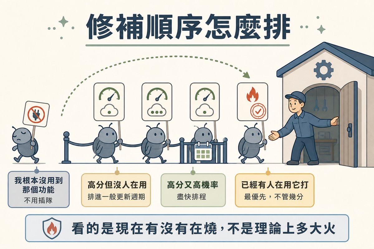 維修工坊門前排隊,帶火焰與印章的項目被插隊帶進去,其他三項分別標示高分高機率、高分低機率與根本沒用到