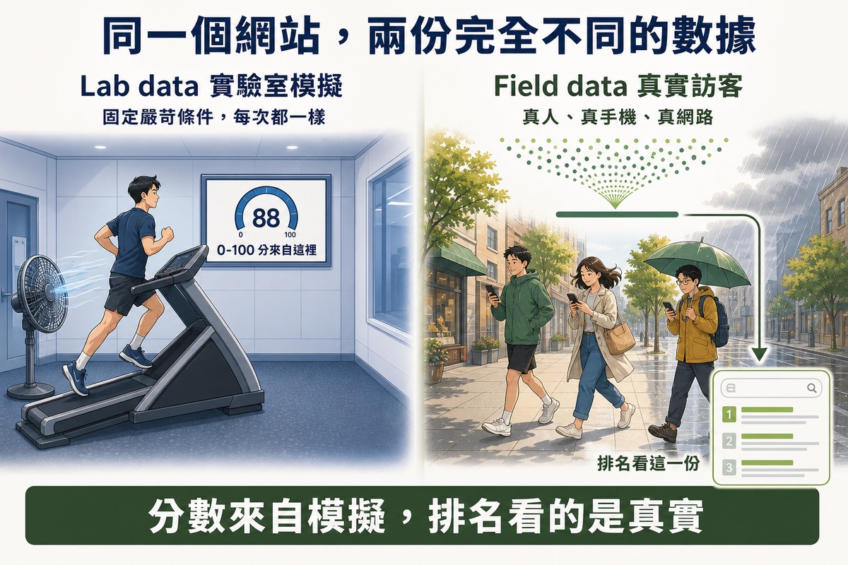 左右對照插圖:左邊在健身房跑步機上受控測試並顯示分數,右邊三位真實路人在街上各自用手機,箭頭指向搜尋結果