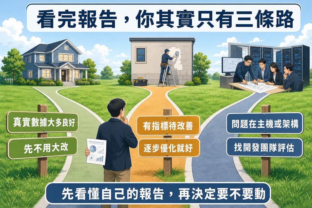 三岔路插圖:業主拿著報告站在路口,三條路分別通往完好的房子、局部修補的工地、以及工程團隊與機房