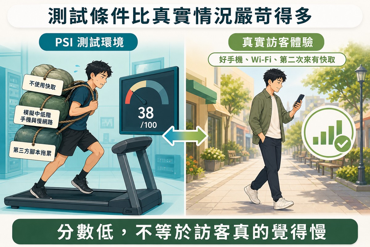 左右對照插圖:同一個人在測試環境揹著三個標示扣分原因的沙袋跑步且分數38,右邊在街上輕鬆滑手機訊號良好